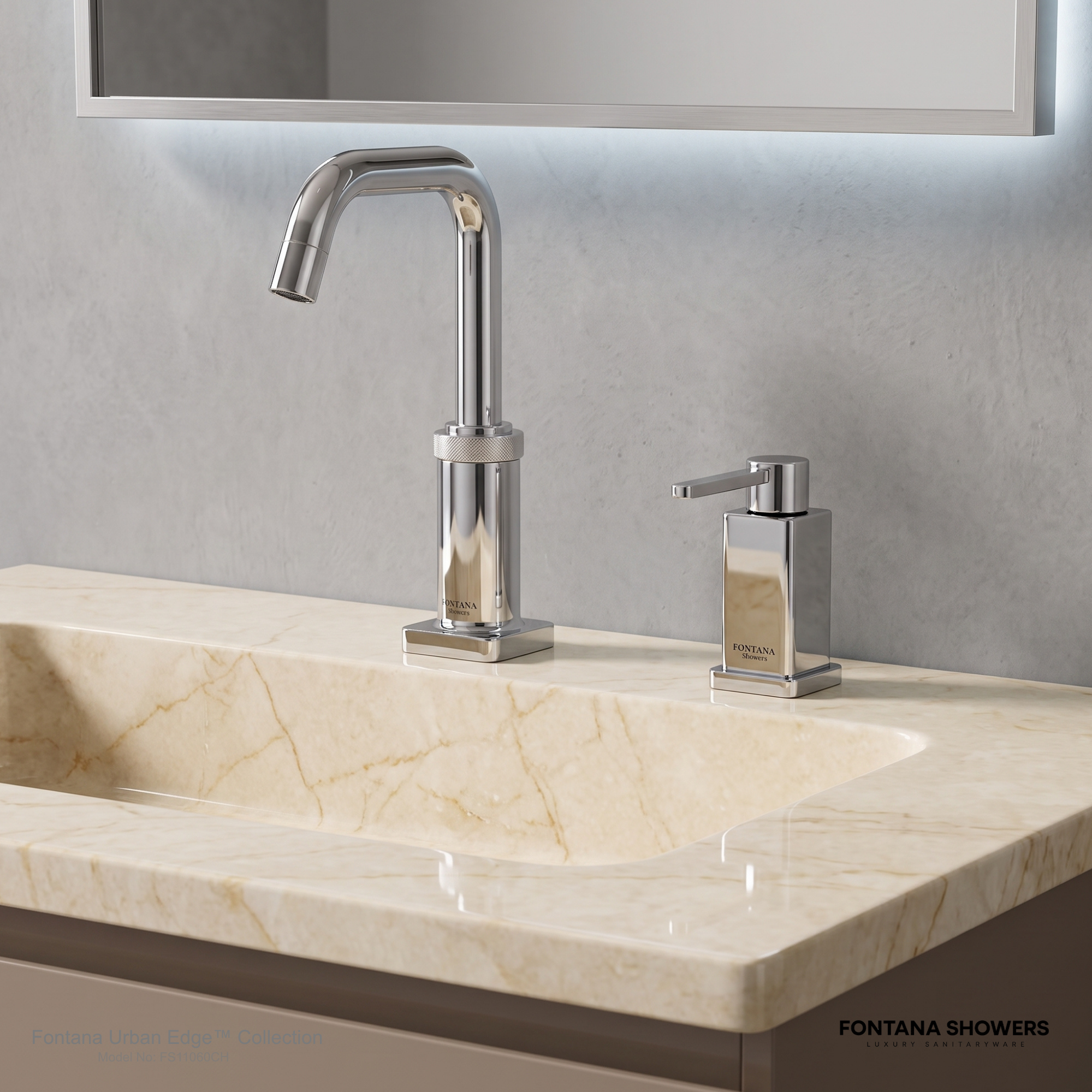 Fontana combination faucet and soap dispenser ADA installation drawing showing mounting heights, reach ranges, knee clearance, accessible approaches, clear floor space and touchless controls